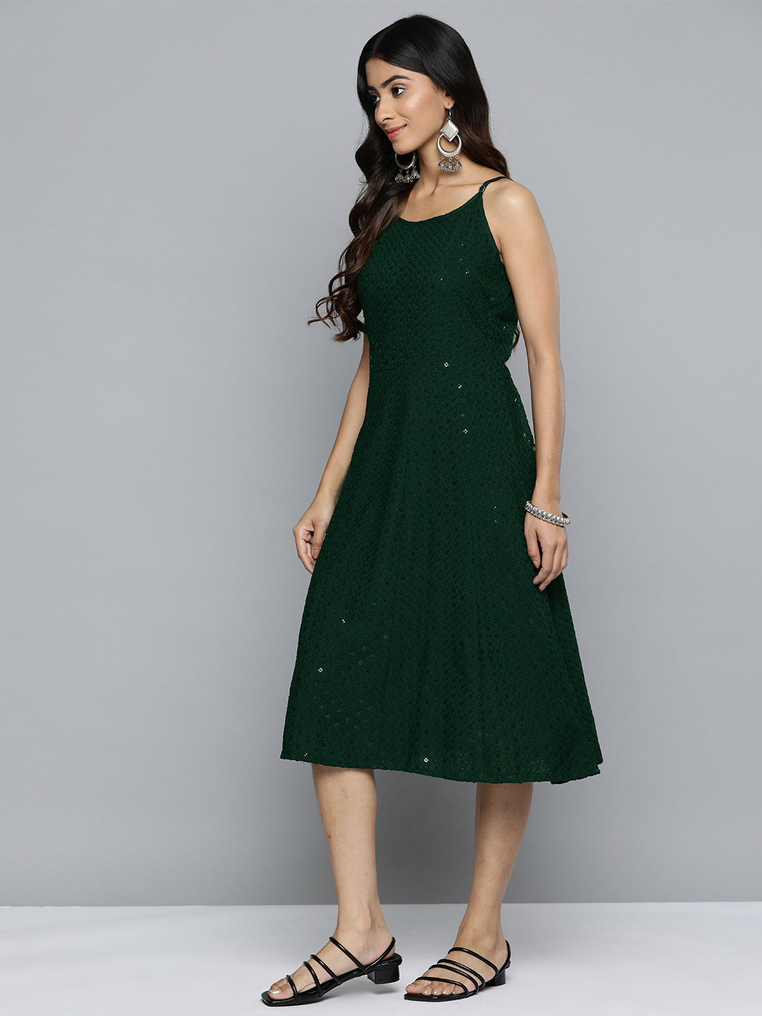 Jompers Women's Olive Floral Sequin Embroidered A-Line Midi Dress