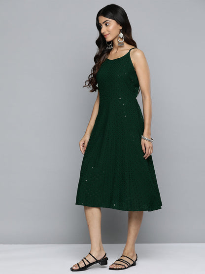 Jompers Women's Olive Floral Sequin Embroidered A-Line Midi Dress