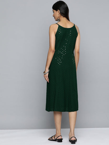 Jompers Women's Olive Floral Sequin Embroidered A-Line Midi Dress