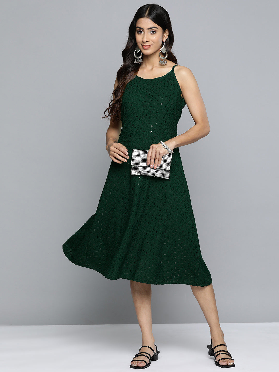 Jompers Women's Olive Floral Sequin Embroidered A-Line Midi Dress