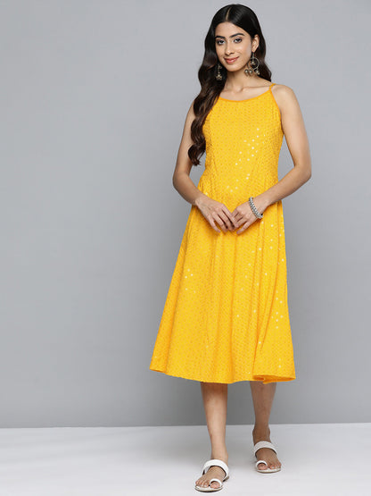 Jompers Women's Yellow Floral Sequin Embroidered A-Line Midi Dress