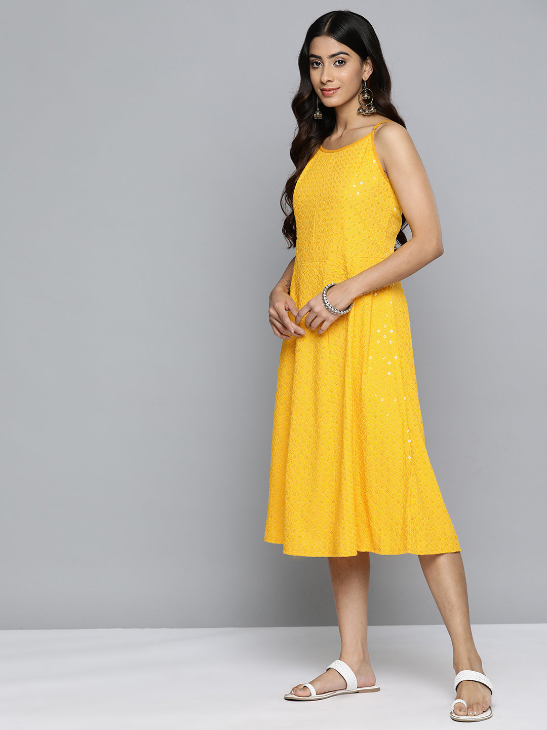 Jompers Women's Yellow Floral Sequin Embroidered A-Line Midi Dress