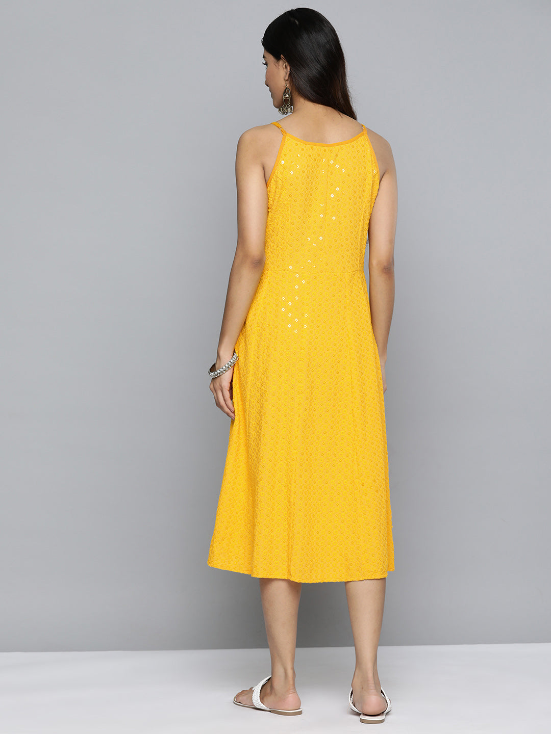 Jompers Women's Yellow Floral Sequin Embroidered A-Line Midi Dress