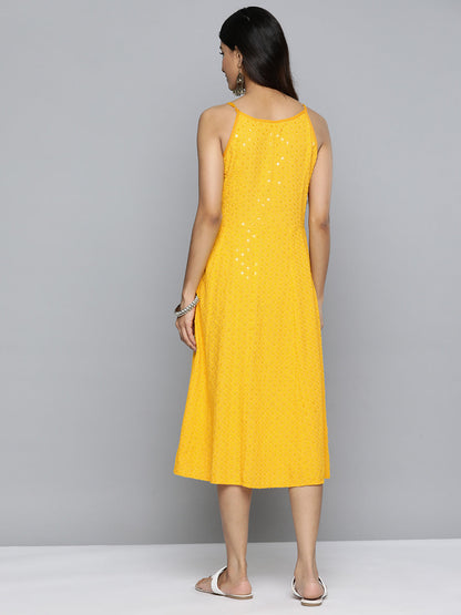 Jompers Women's Yellow Floral Sequin Embroidered A-Line Midi Dress