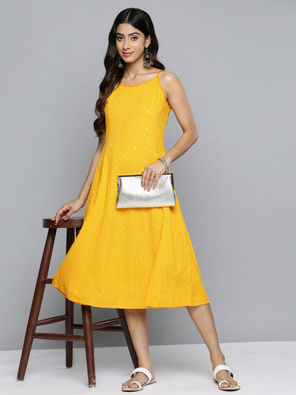 Jompers Women's Yellow Floral Sequin Embroidered A-Line Midi Dress