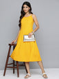 Jompers Women's Yellow Floral Sequin Embroidered A-Line Midi Dress
