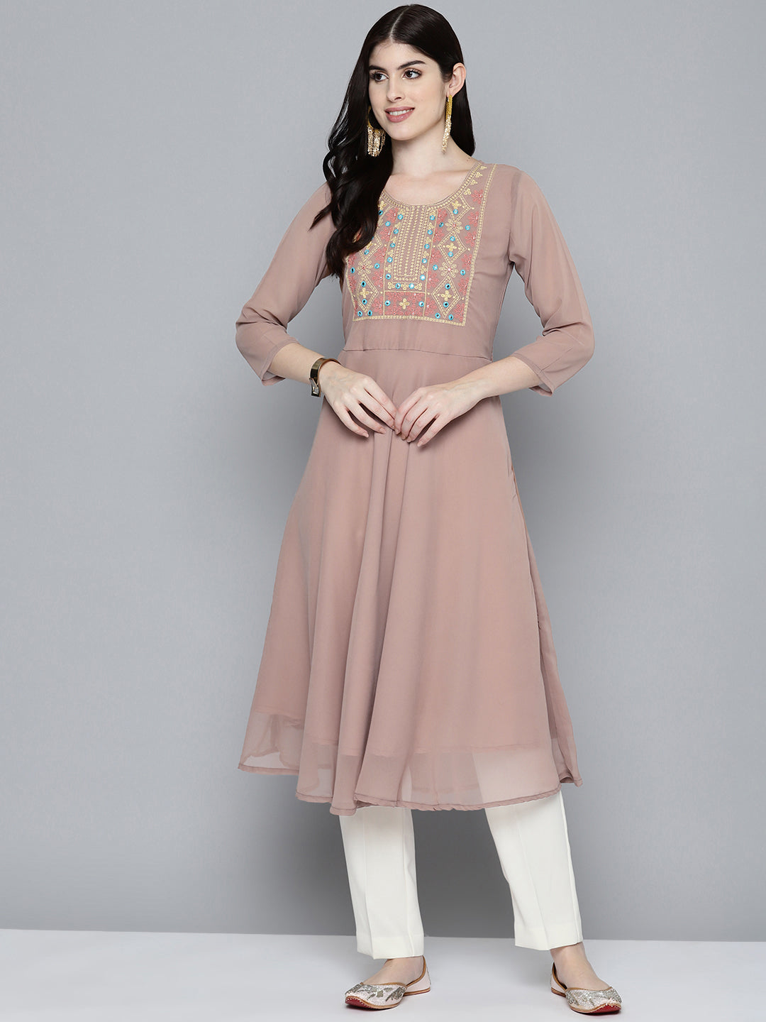 Jompers Women's Embroidered yok flared georgette kurta - Brown