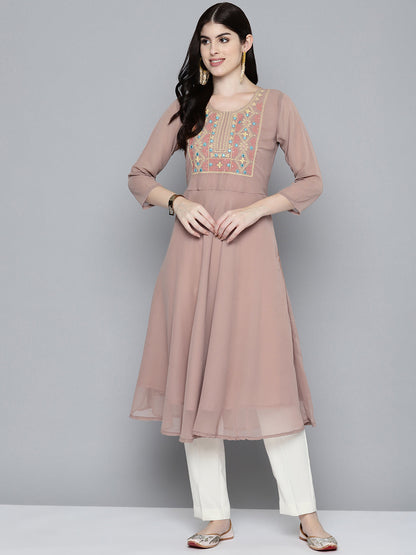 Jompers Women's Embroidered yok flared georgette kurta - Brown