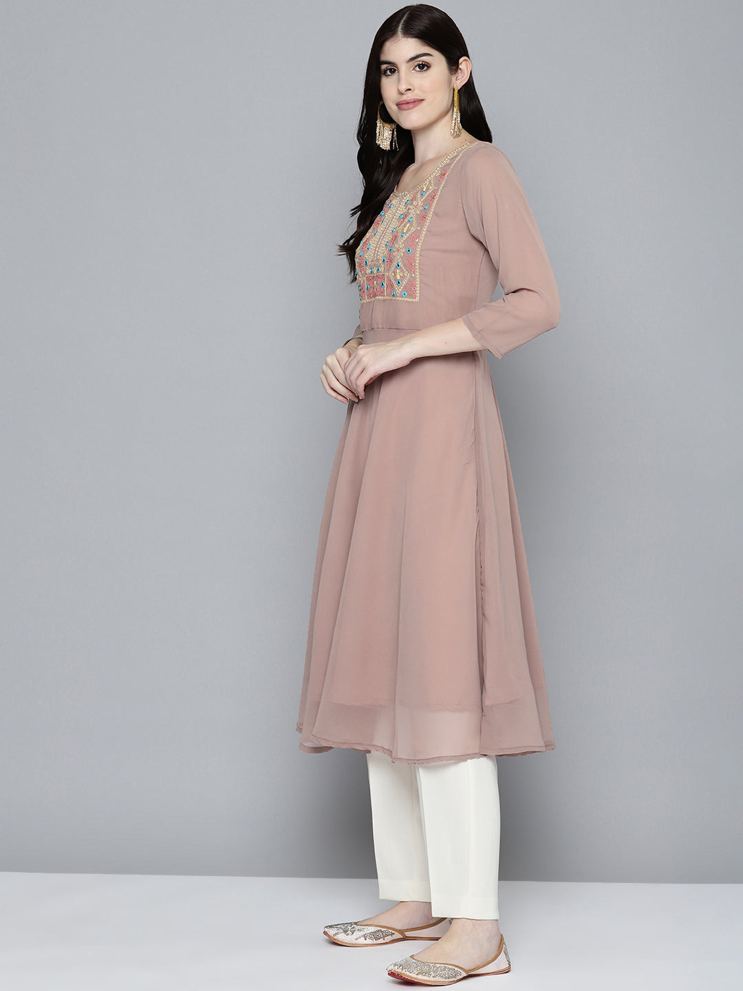 Jompers Women's Embroidered yok flared georgette kurta - Brown