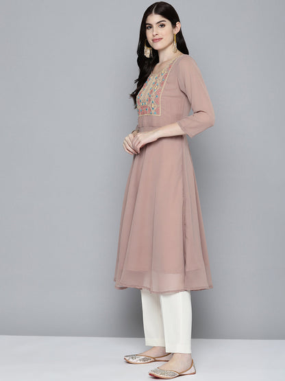 Jompers Women's Embroidered yok flared georgette kurta - Brown