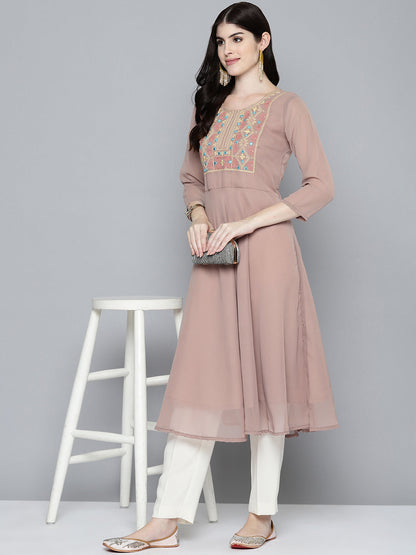 Jompers Women's Embroidered yok flared georgette kurta - Brown