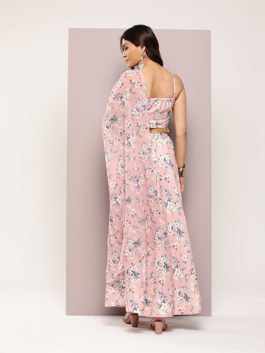 Jompers Women's Crystal Beads Work Printed Lehenga choli with dupatta - Peach