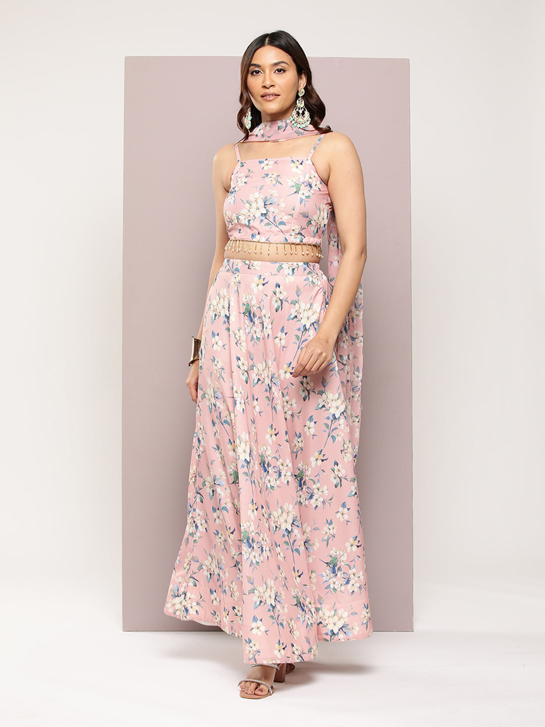 Jompers Women's Crystal Beads Work Printed Lehenga choli with dupatta - Peach