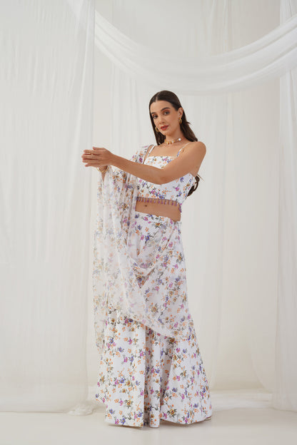 Jompers Women's White Printed Beads & Stones Ready to Wear Lehenga & Blouse With Dupatta