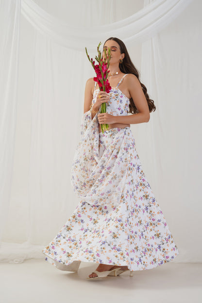 Jompers Women's White Printed Beads & Stones Ready to Wear Lehenga & Blouse With Dupatta
