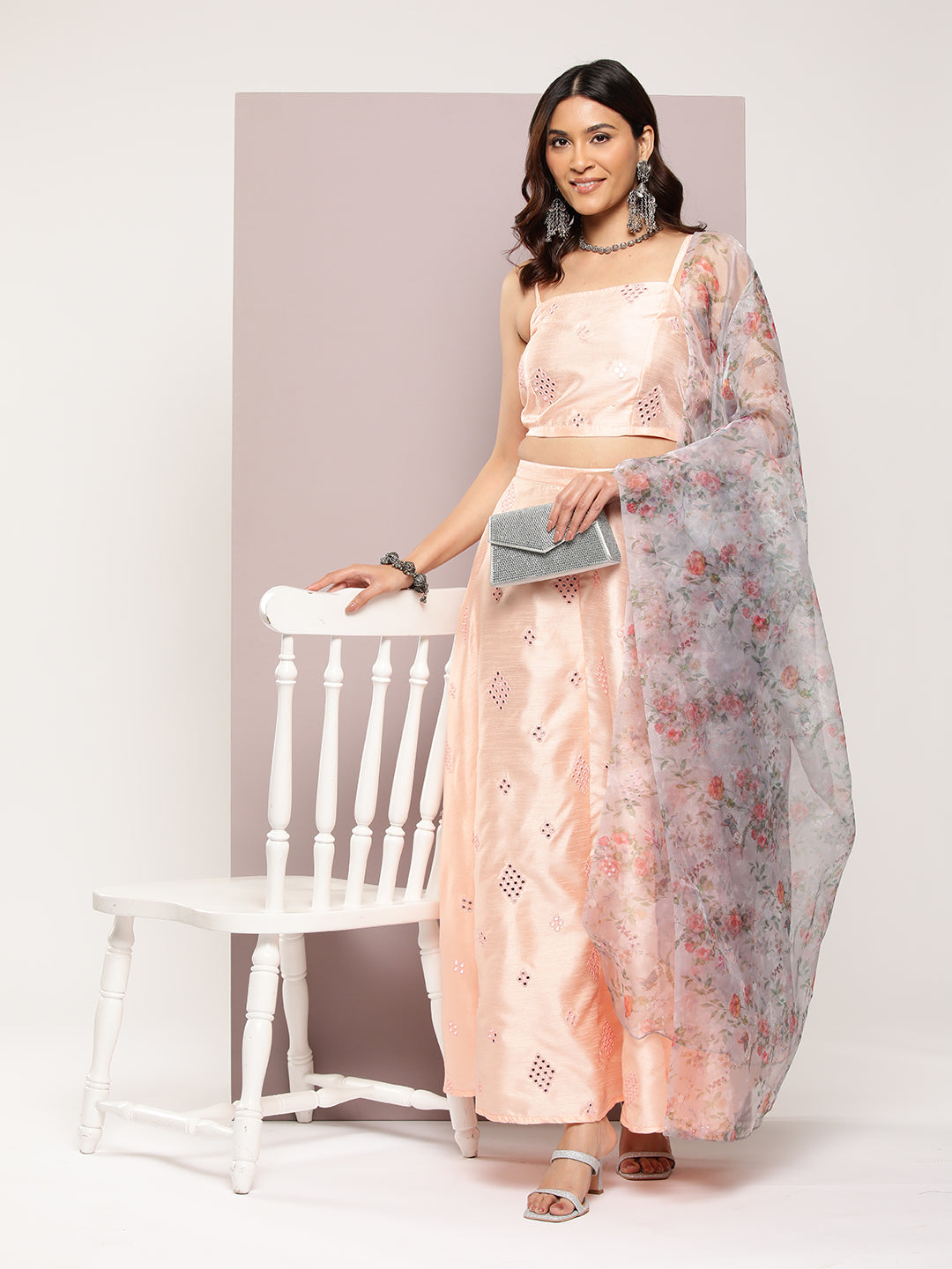 Jompers Women's Mirror Work Lehenga Choli With printed Organza dupatta - Peach