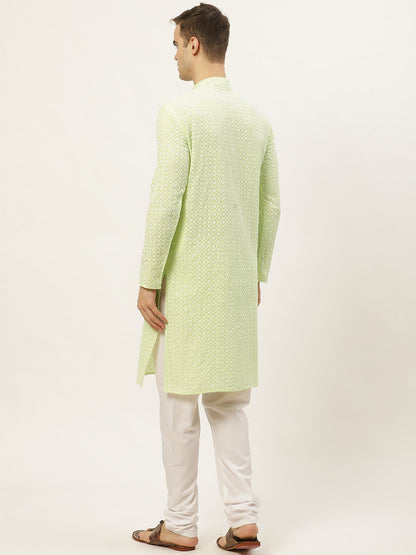 Jompers Men's Green Embroidered Kurta Only
