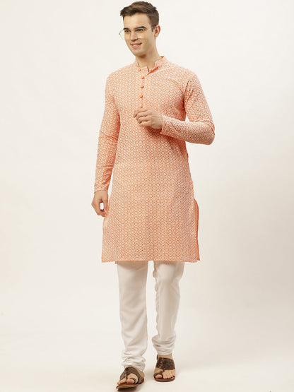 Jompers Men's Orange Embroidered Kurta Only