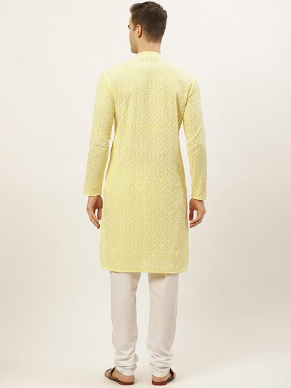 Jompers Men's Yellow Embroidered Kurta Only