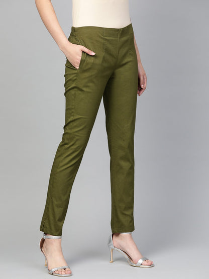 Jompers Women Olive Green Smart Slim Fit Solid Regular Trousers