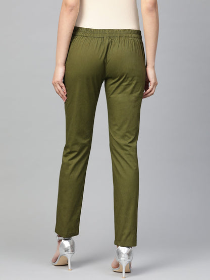 Jompers Women Olive Green Smart Slim Fit Solid Regular Trousers
