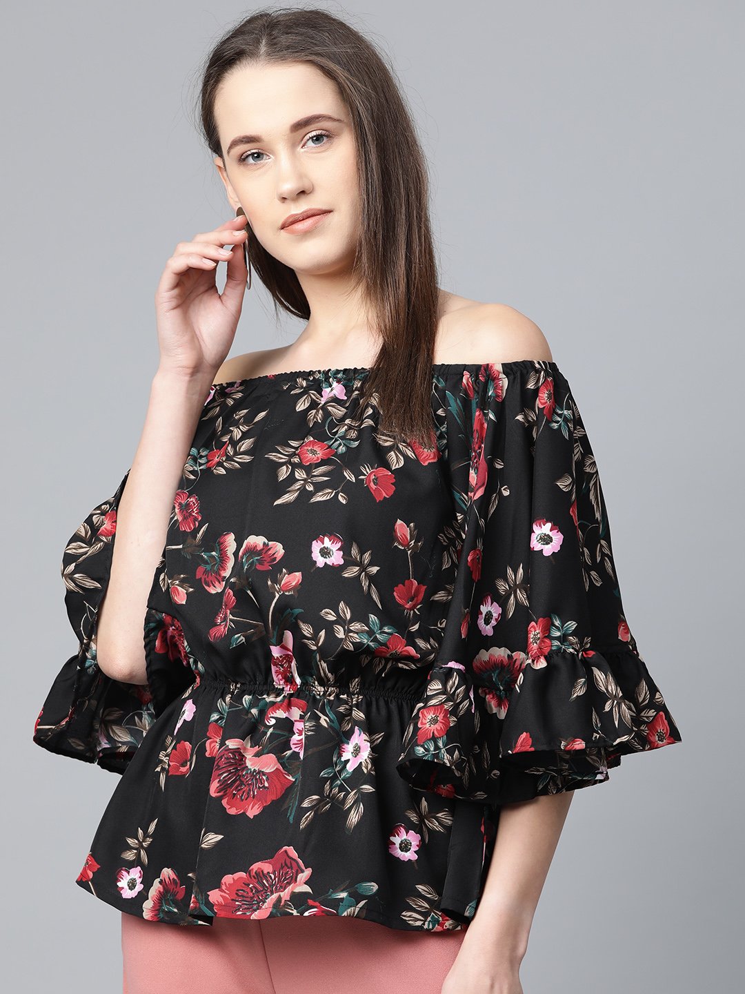 Jompers Women Black Printed Bardot Top