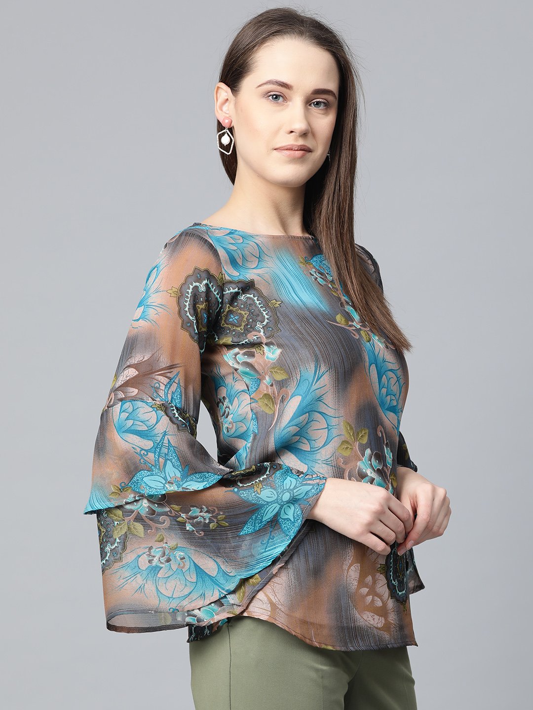 Jompers Women Grey & Blue Printed Top