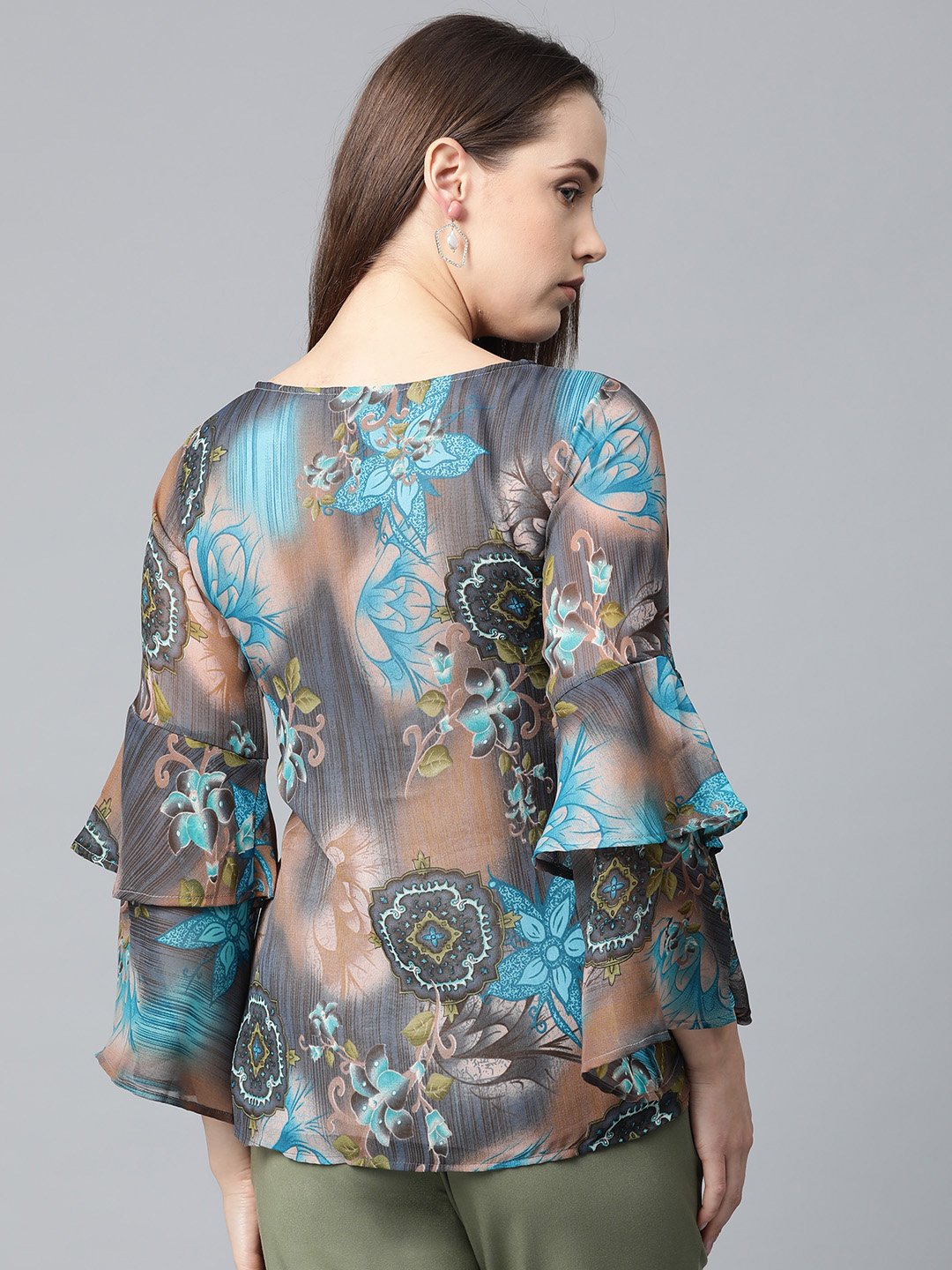 Jompers Women Grey & Blue Printed Top