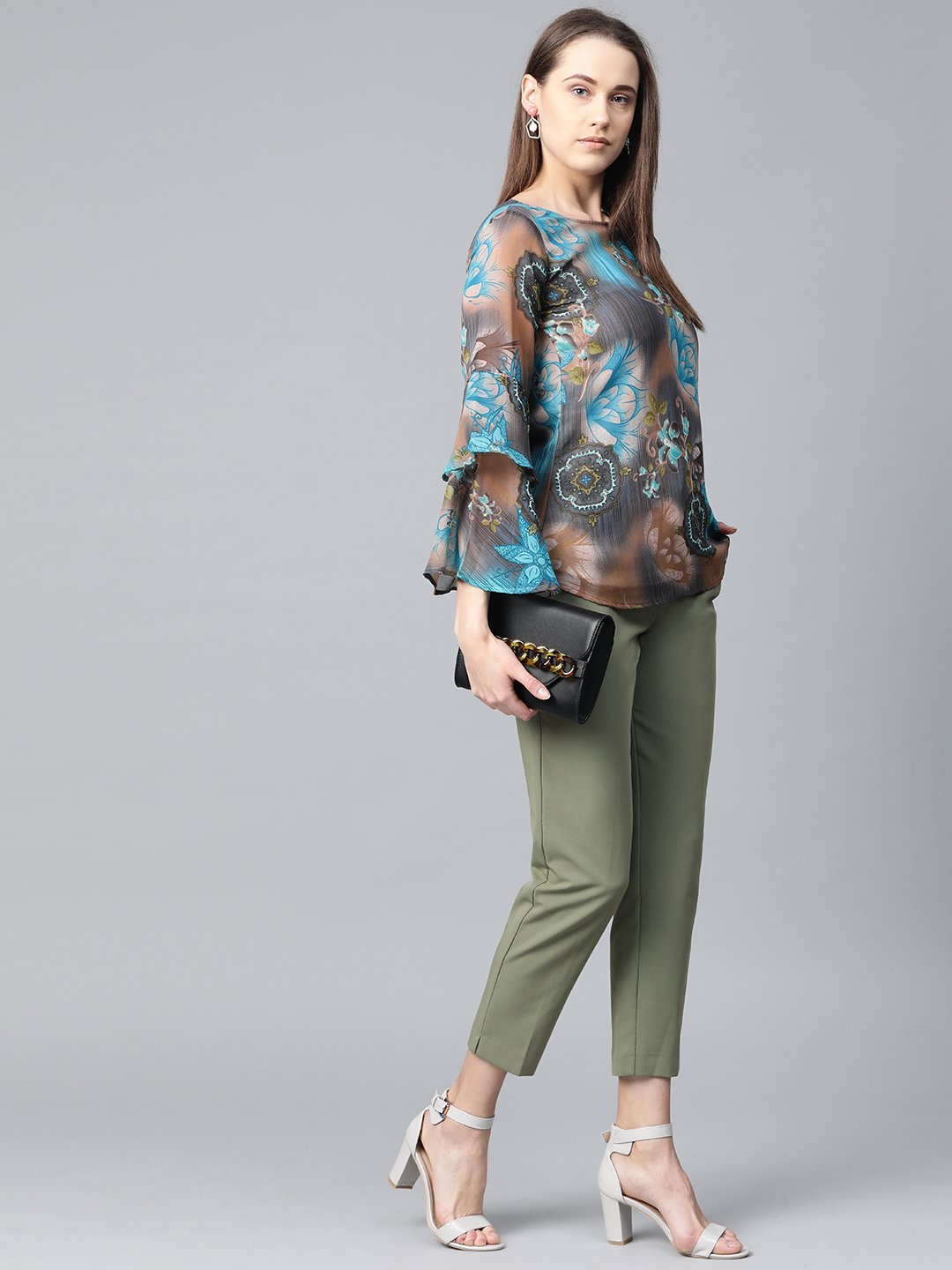 Jompers Women Grey & Blue Printed Top