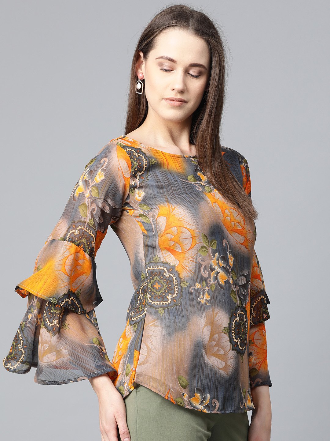 Jompers Women Grey & Mustard Printed Top
