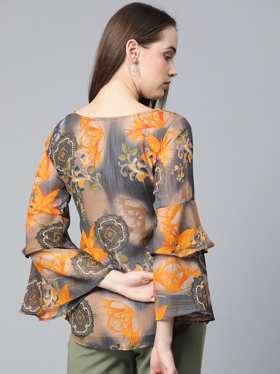 Jompers Women Grey & Mustard Printed Top