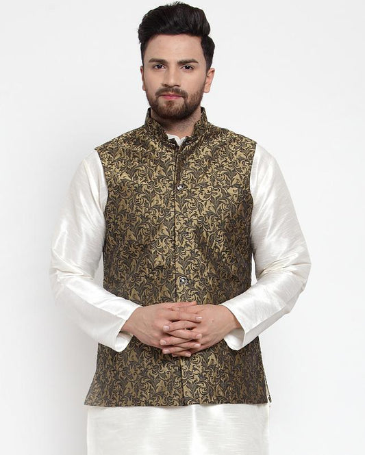 Jompers Men Gold-Coloured & Black Woven Design Nehru Jacket