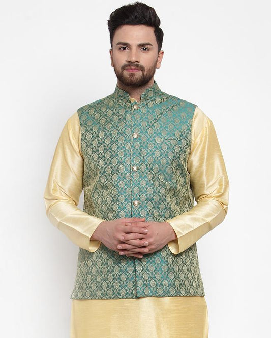 Jompers Men Green-Coloured & Golden Woven Design Nehru Jacket
