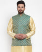 Jompers Men Green-Coloured & Golden Woven Design Nehru Jacket