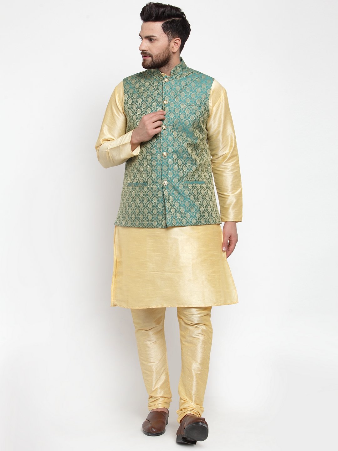 Jompers Men Green-Coloured & Golden Woven Design Nehru Jacket