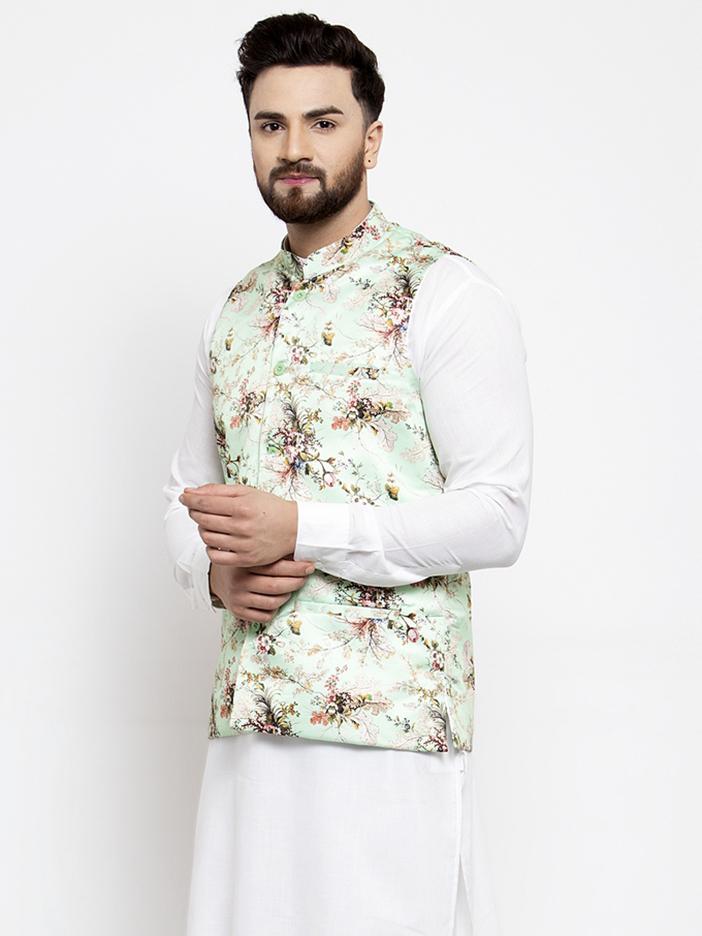 Jompers Men Lime-Green Printed Satin Nehru Jacket