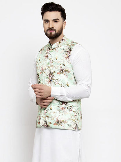 Jompers Men Lime-Green Printed Satin Nehru Jacket
