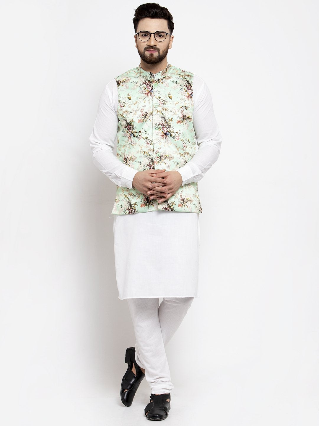Jompers Men Lime-Green Printed Satin Nehru Jacket