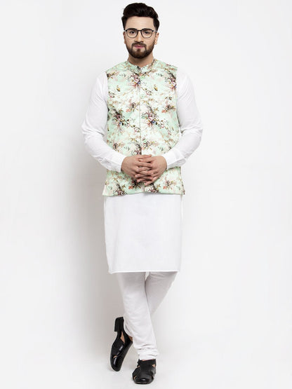 Jompers Men Lime-Green Printed Satin Nehru Jacket