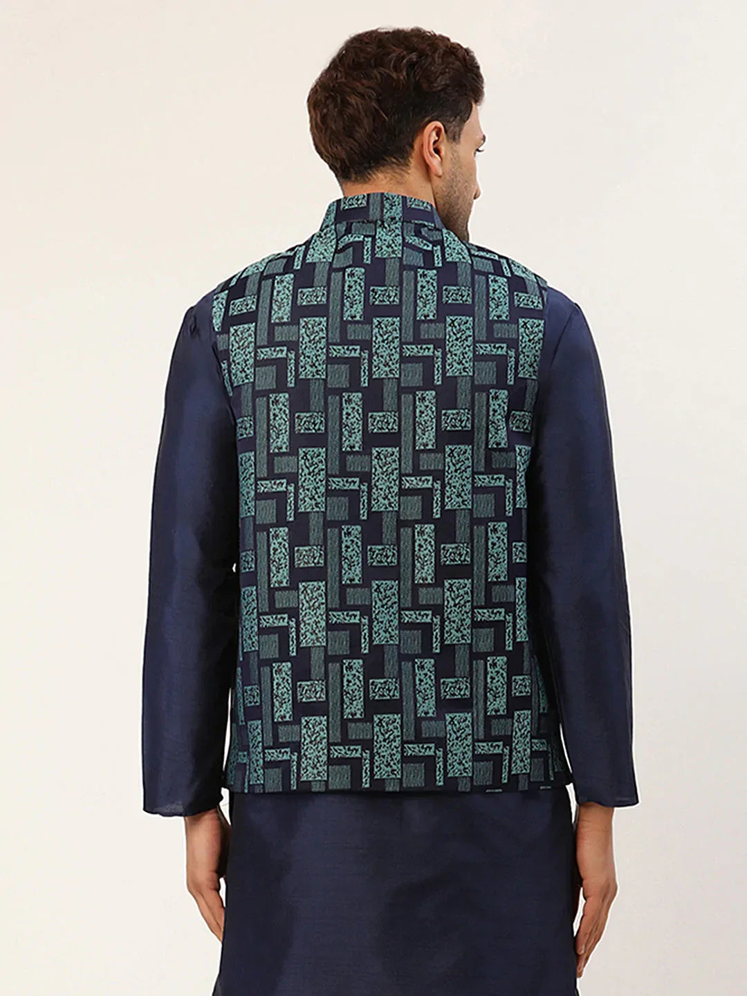 Jompers Men's Blue Woven Design Nehru Jacket