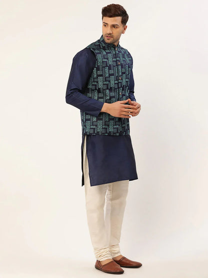 Jompers Men's Blue Woven Design Nehru Jacket