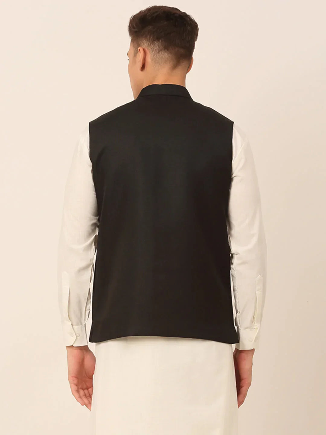 Jompers Men's Black Solid Woven Sleeveless Nehru Jackets