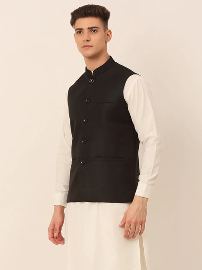 Jompers Men's Black Solid Woven Sleeveless Nehru Jackets