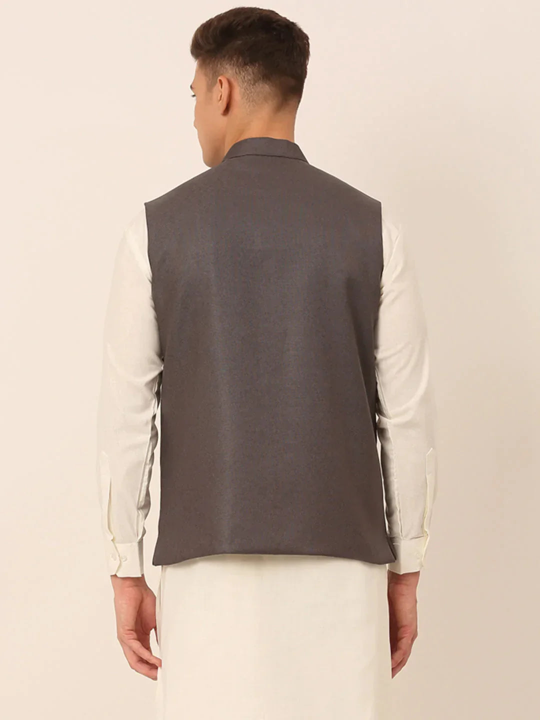 Jompers Men's Charcoal Grey Solid Woven Sleeveless Nehru Jackets