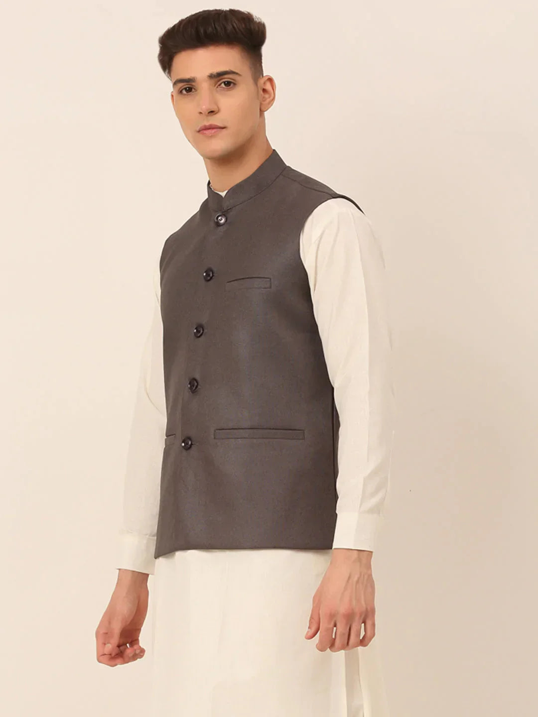Jompers Men's Charcoal Grey Solid Woven Sleeveless Nehru Jackets