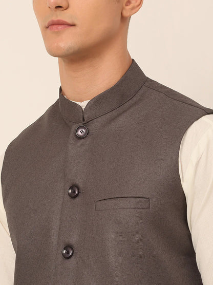 Jompers Men's Charcoal Grey Solid Woven Sleeveless Nehru Jackets