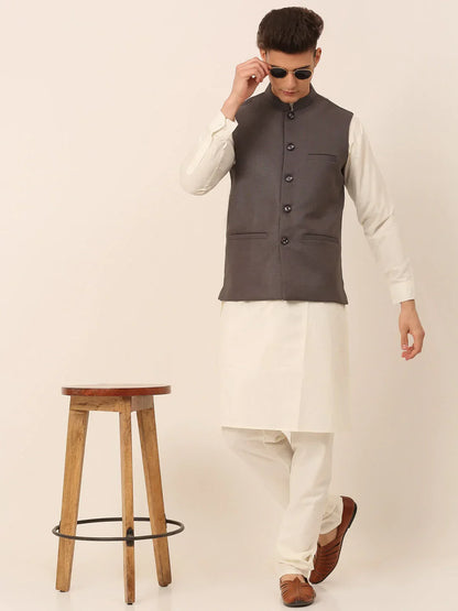 Jompers Men's Charcoal Grey Solid Woven Sleeveless Nehru Jackets