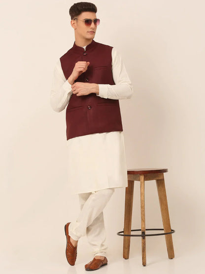 Jompers Men's Maroon Solid Woven Sleeveless Nehru Jackets