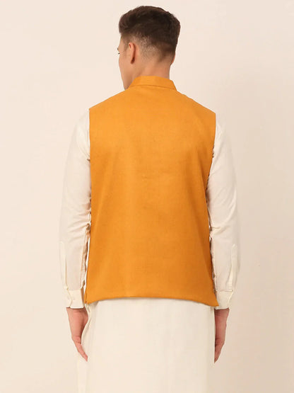 Jompers Men's Mustard Solid Woven Sleeveless Nehru Jackets