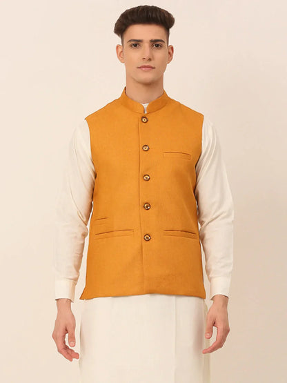 Jompers Men's Mustard Solid Woven Sleeveless Nehru Jackets